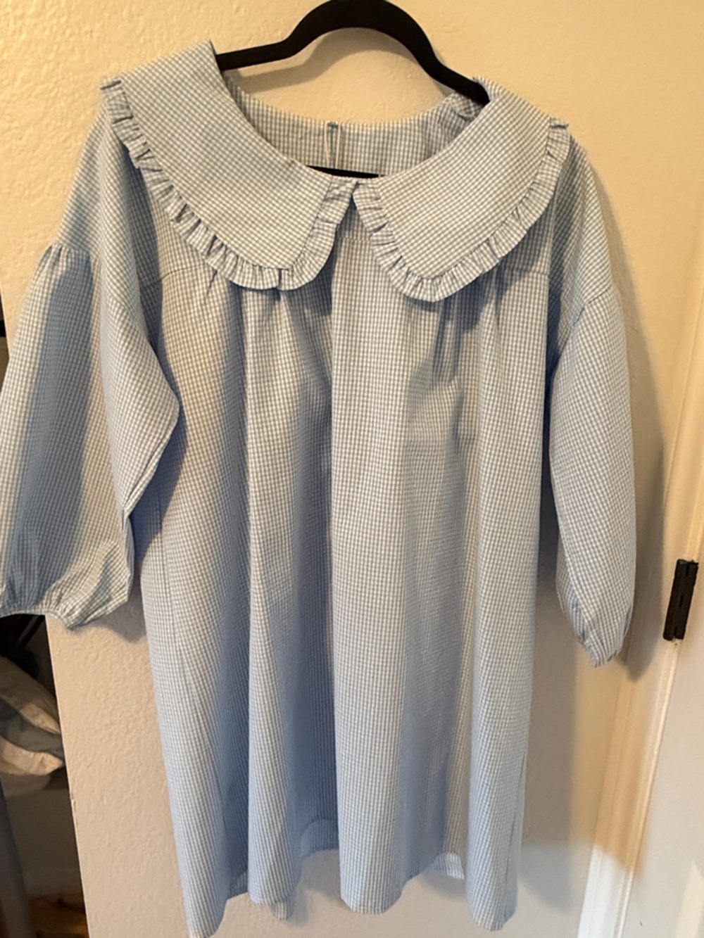 Girls Blue Gingham Ruffle Collar Dress